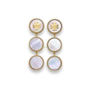 Tory Burch Mother of Pearl Gold Logo Drop Earrings